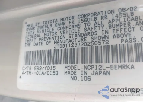 2002 Toyota Echo из США, поврежденный, VIN JTDBT123720256572